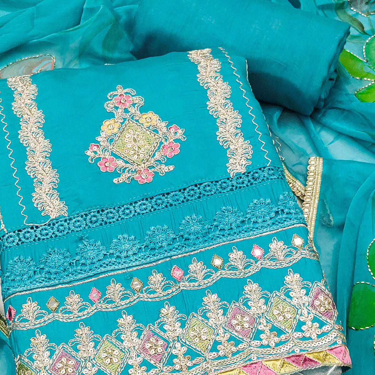 Blue Cotton Silk Dress Material Enhanced With Exquisite Floral Cording Embroidery & Sequins Work