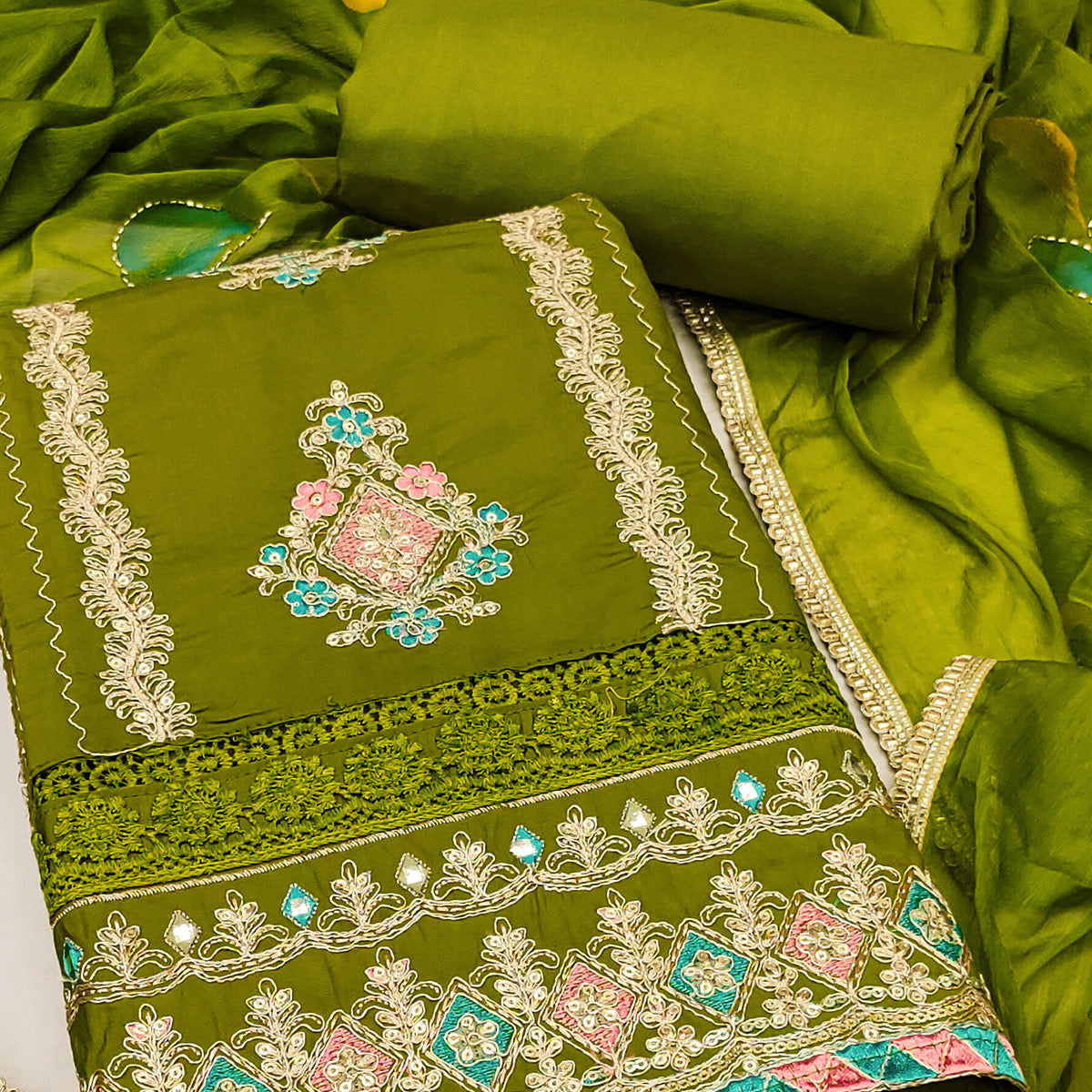 Green Cotton Silk Dress Material Enhanced With Exquisite Floral Cording Embroidery & Sequins Work