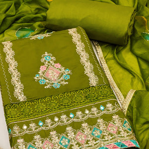 Green Cotton Silk Dress Material Enhanced With Exquisite Floral Cording Embroidery & Sequins Work