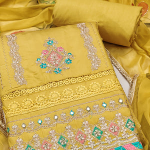 Mustard Cotton Silk Dress Material Enhanced With Exquisite Floral Cording Embroidery & Sequins Work