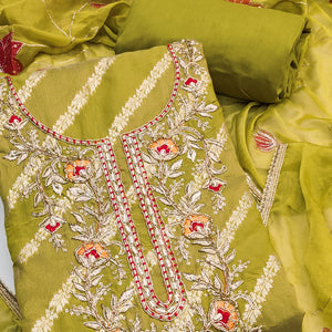 Green Floral Zari Weaving & Sequins With Handwork Embellished Shimmer Dress Material