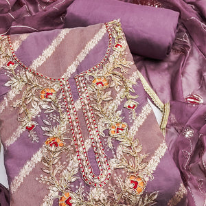 Purple Floral Zari Weaving & Sequins With Handwork Embellished Shimmer Dress Material