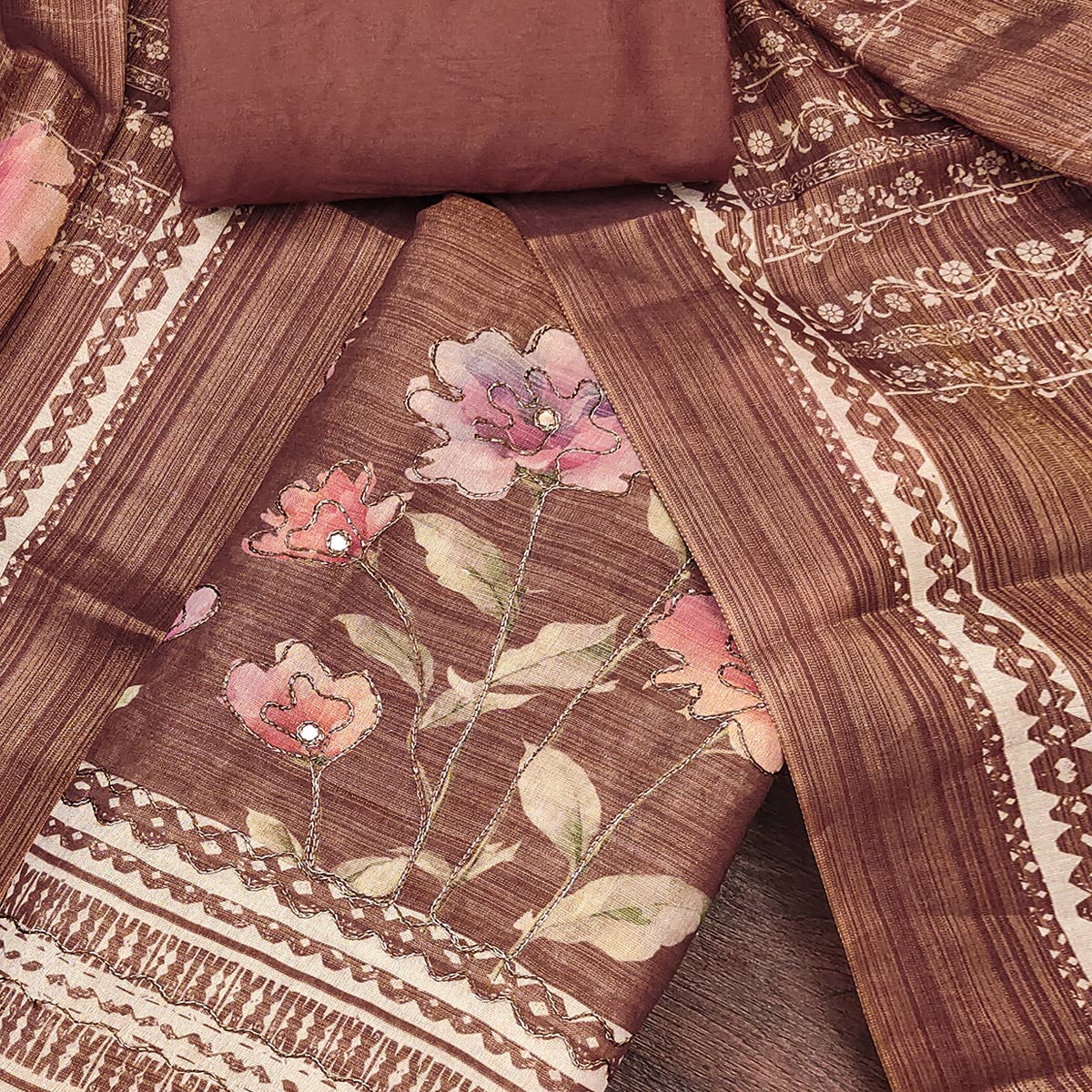 Brown Floral Digital Printed With Embroidered Cotton Silk Dress Material For Traditional Look