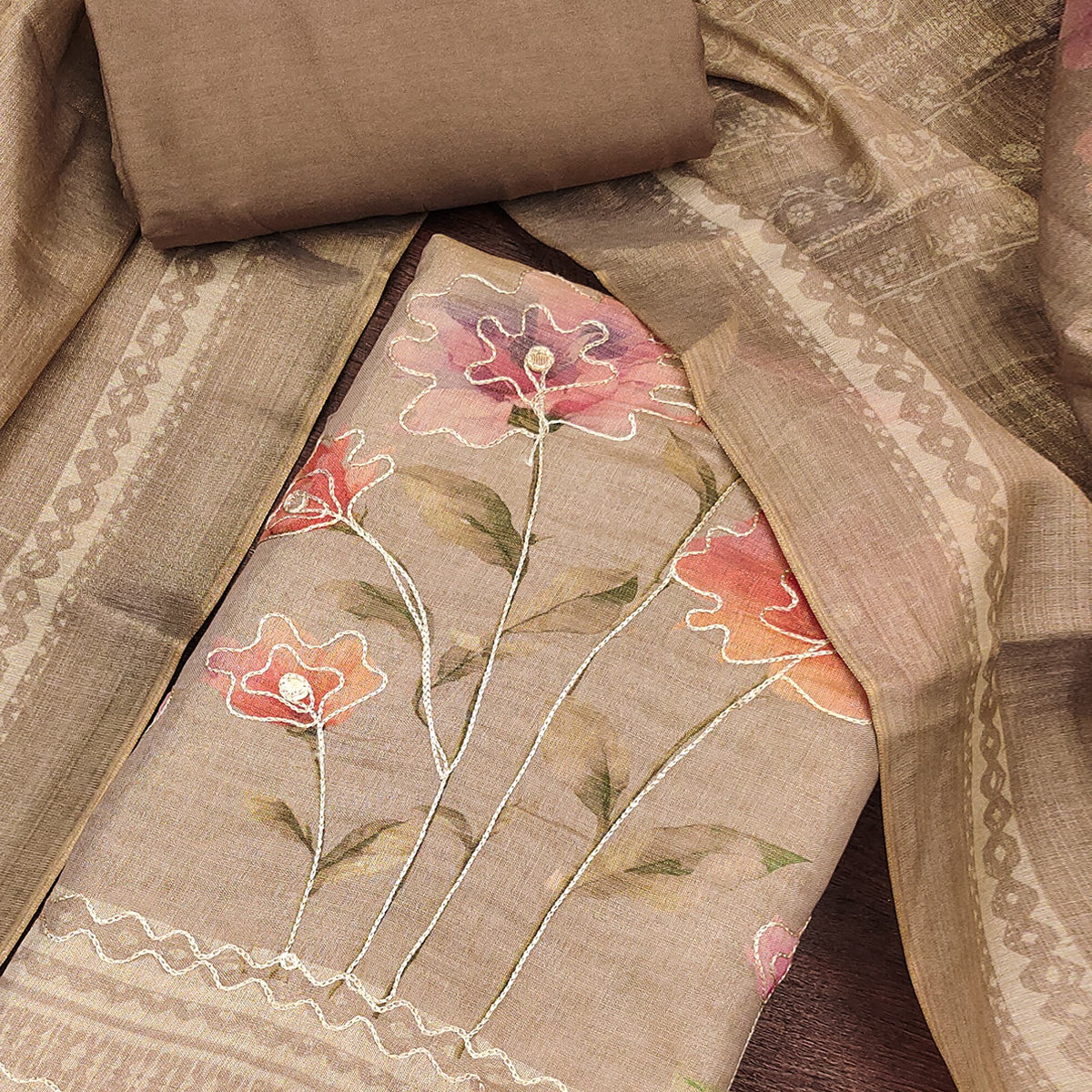 Chikoo Floral Digital Printed With Embroidered Cotton Silk Dress Material For Traditional Look