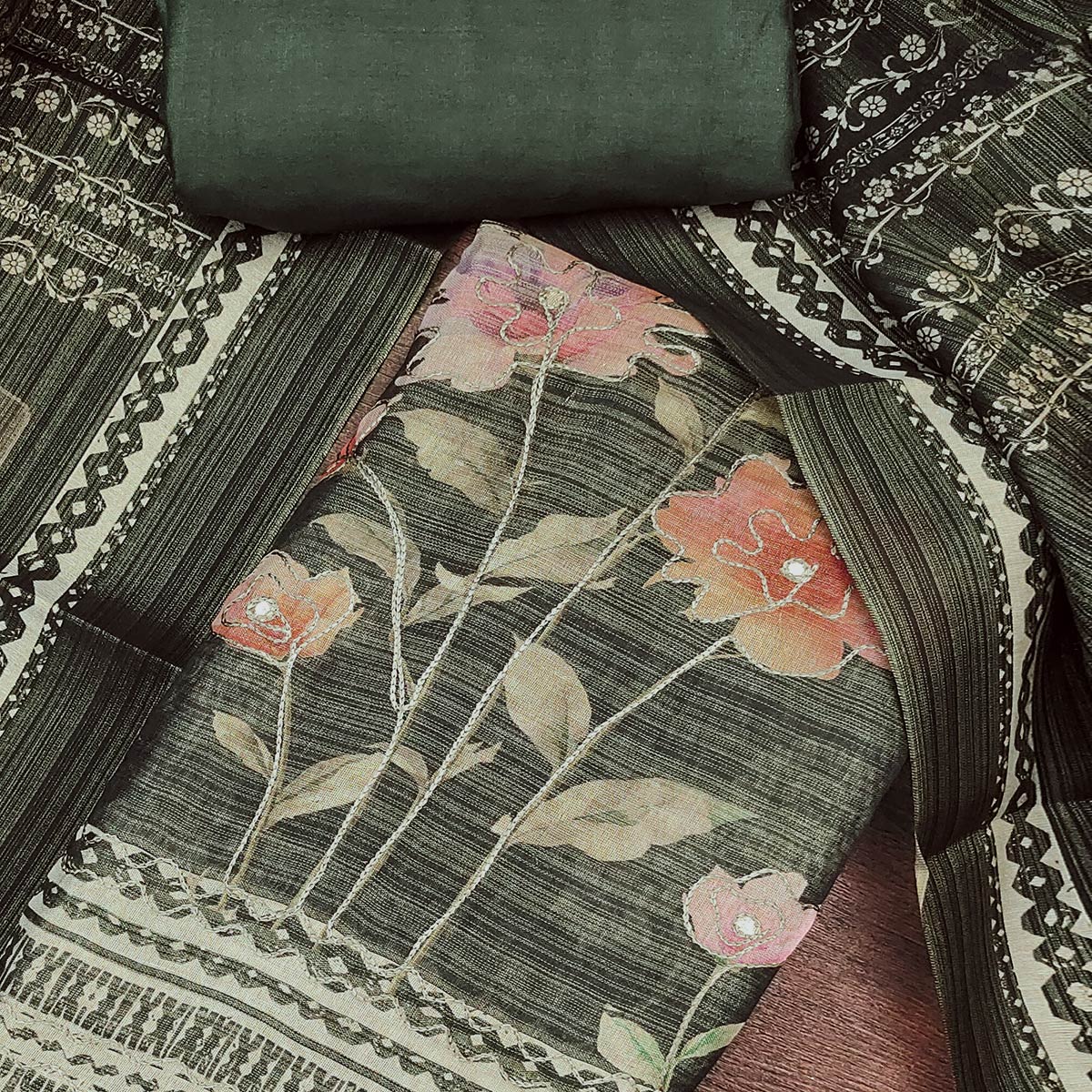 Green Floral Digital Printed With Embroidered Cotton Silk Dress Material For Traditional Look