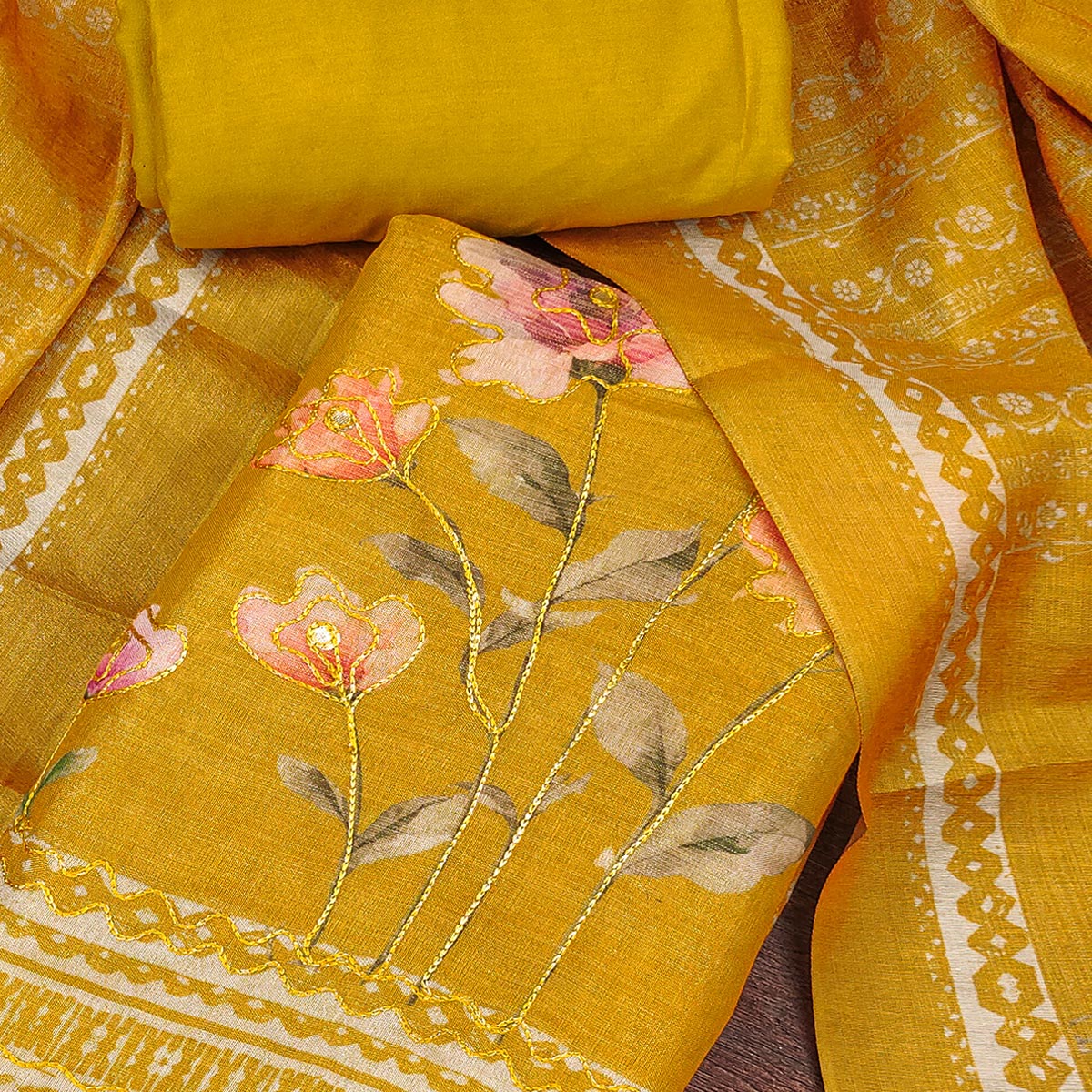 Mustard Floral Digital Printed With Embroidered Cotton Silk Dress Material For Traditional Look