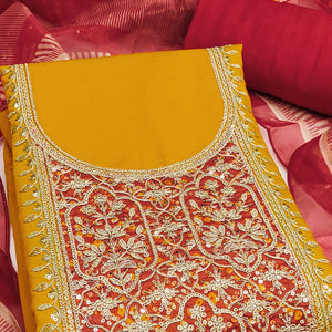 Mustard Unstitched Dress Material in Cotton Blend with Elegant Sequins & Floral Embroidery