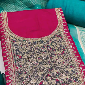 Pink Unstitched Dress Material in Cotton Blend with Elegant Sequins & Floral Embroidery