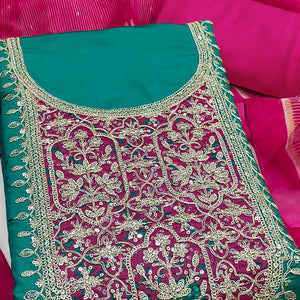 Rama Green Unstitched Dress Material in Cotton Blend with Elegant Sequins & Floral Embroidery