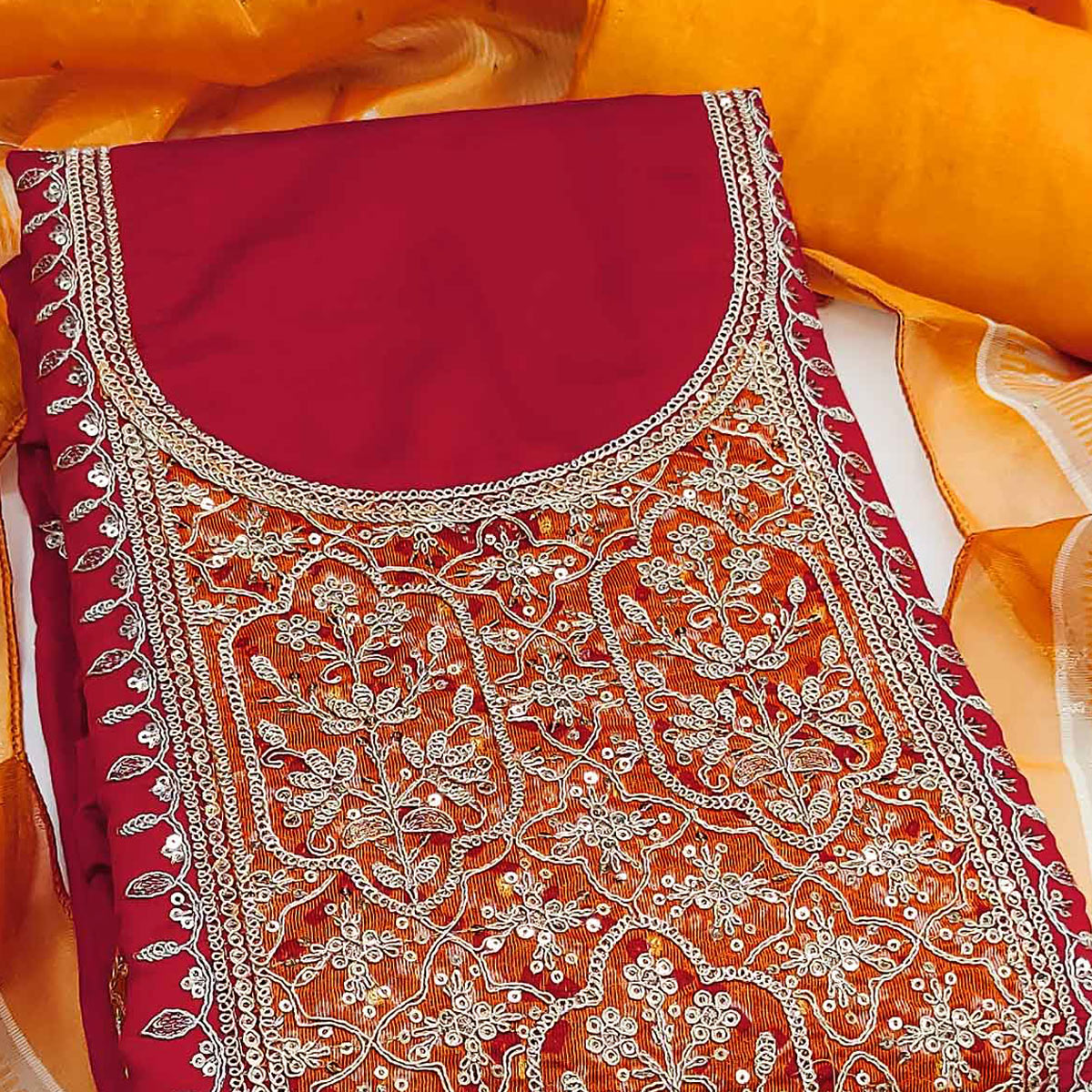 Red Unstitched Dress Material in Cotton Blend with Elegant Sequins & Floral Embroidery