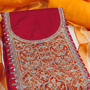 Red Unstitched Dress Material in Cotton Blend with Elegant Sequins & Floral Embroidery