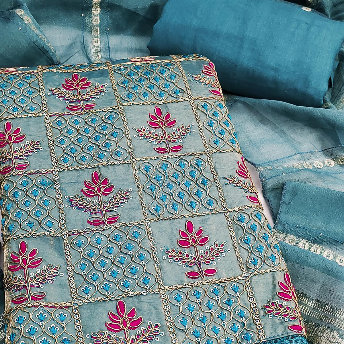 Blue Floral Thread Embroidered Viscose Dress Material With Sequins For Sophisticated Ethnic Style