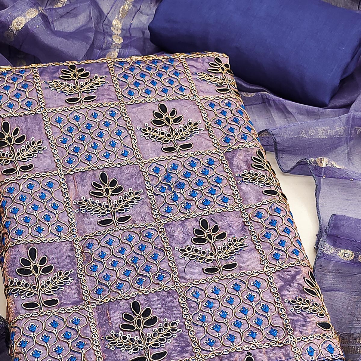 Lavender Floral Thread Embroidered Viscose Dress Material With Sequins For Sophisticated Style