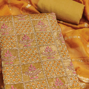 Mustard Floral Thread Embroidered Viscose Dress Material With Sequins For Sophisticated Style