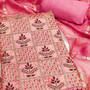 Pink Floral Thread Embroidered Viscose Dress Material With Sequins For Sophisticated Ethnic Style