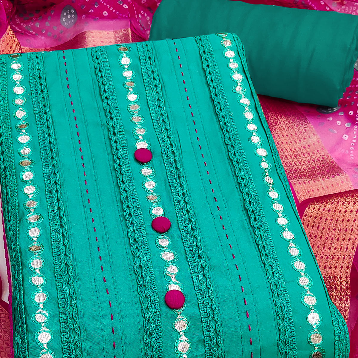 Turquoise Cotton Silk Dress Material Enhanced With Intricate Thread Embroidery & Gota Patti Work