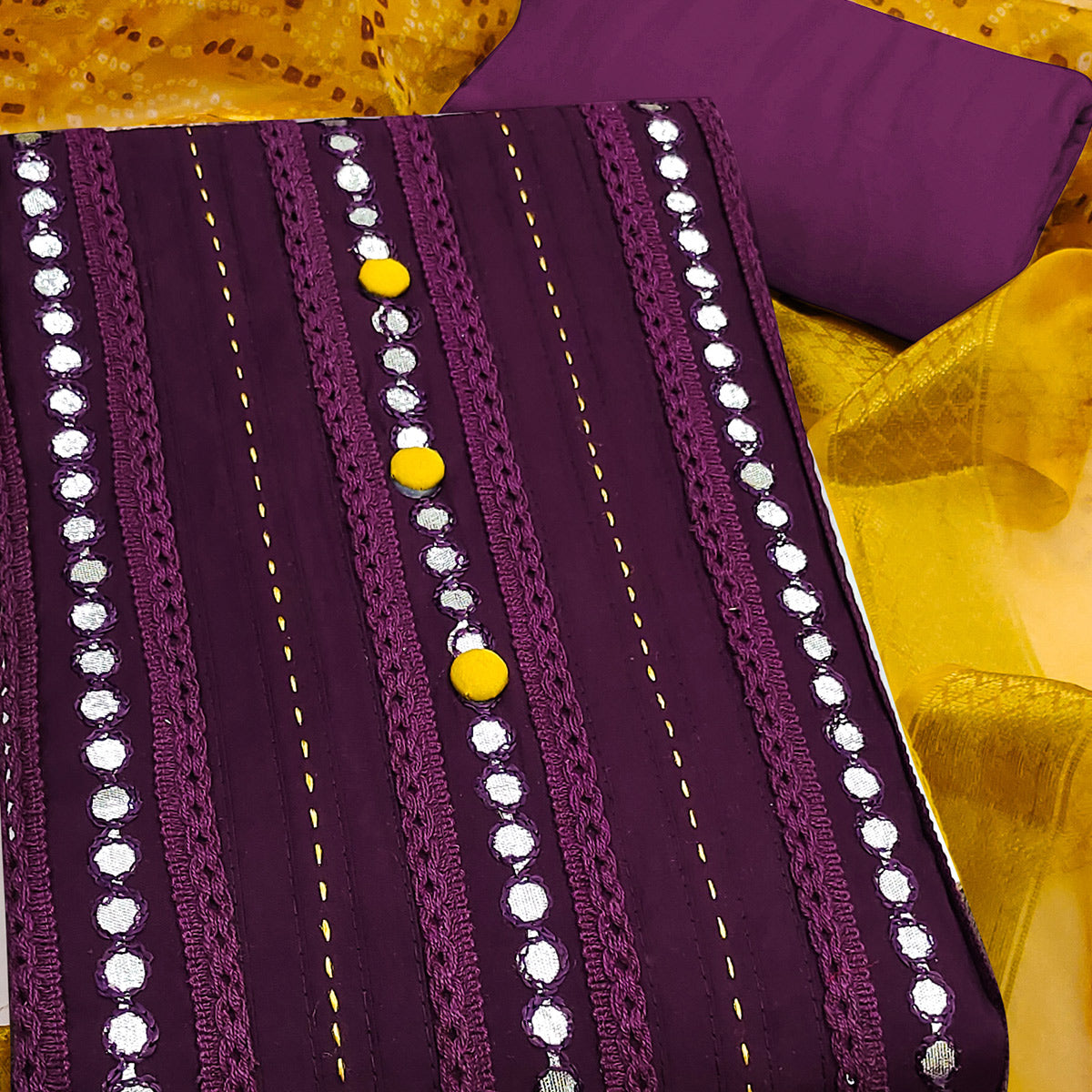 Wine Cotton Silk Dress Material Enhanced With Intricate Thread Embroidery & Gota Patti Work