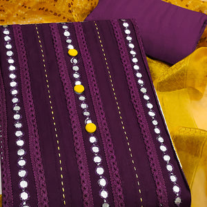 Wine Cotton Silk Dress Material Enhanced With Intricate Thread Embroidery & Gota Patti Work