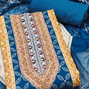 Blue & Orange Pure Cotton Dress Material With Digital Prints & Elegant Moti Handwork Accents