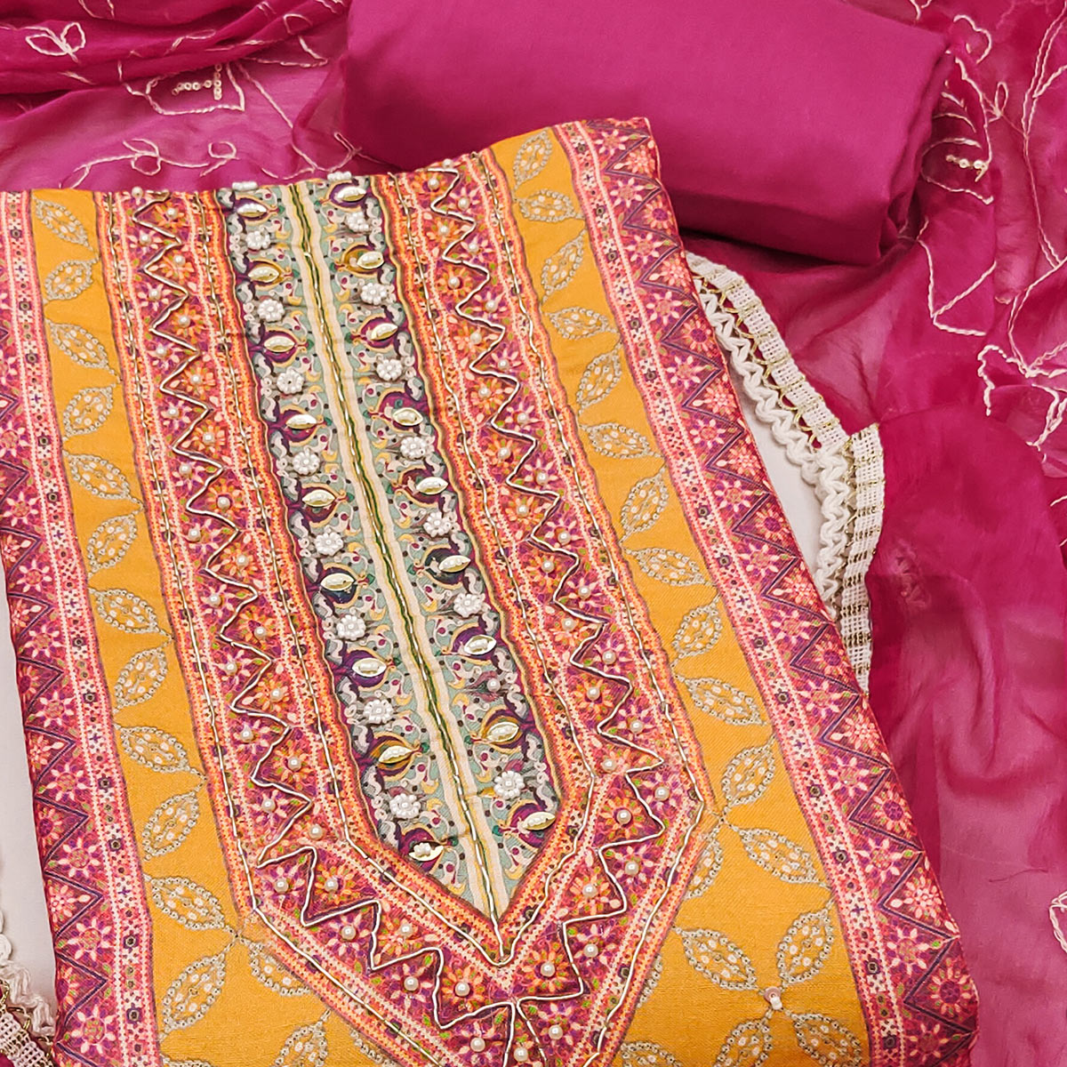 Pink & Yellow Pure Cotton Dress Material With Digital Prints & Elegant Moti Handwork Accents