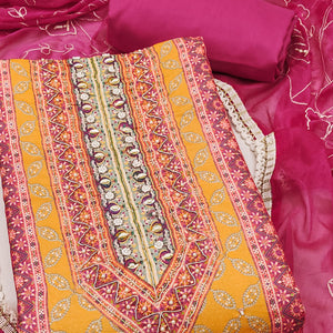 Pink & Yellow Pure Cotton Dress Material With Digital Prints & Elegant Moti Handwork Accents