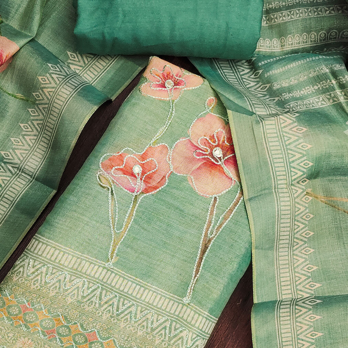 Green Cotton Silk Dress Material Enhanced With Blooming Floral Digital Prints & Elegant Embroidery