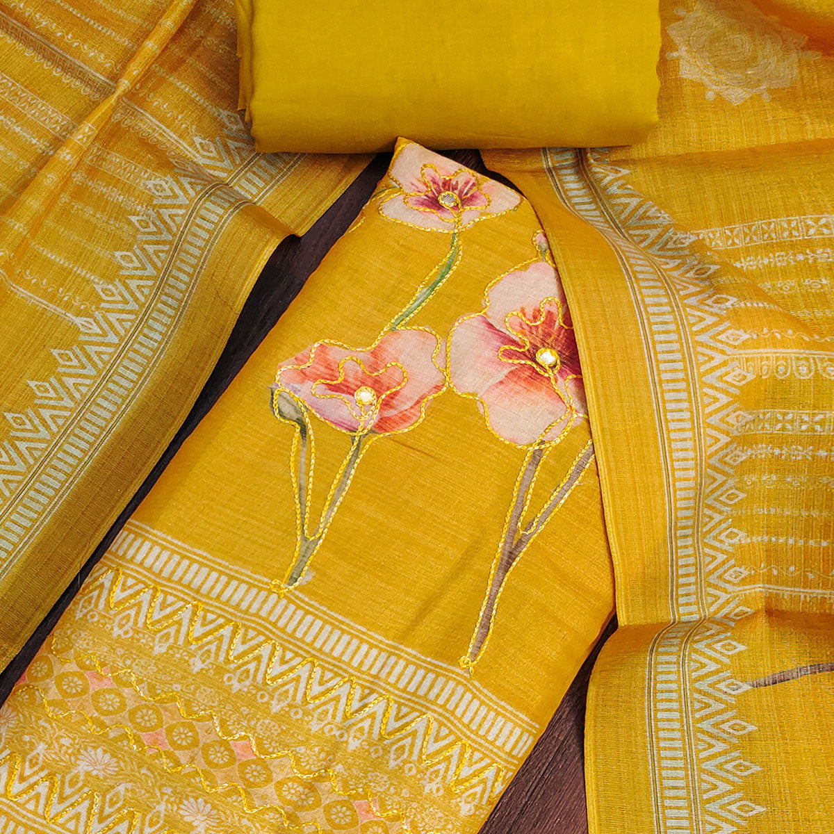 Mustard Cotton Silk Dress Material Enhanced With Blooming Floral Digital Prints & Elegant Embroidery