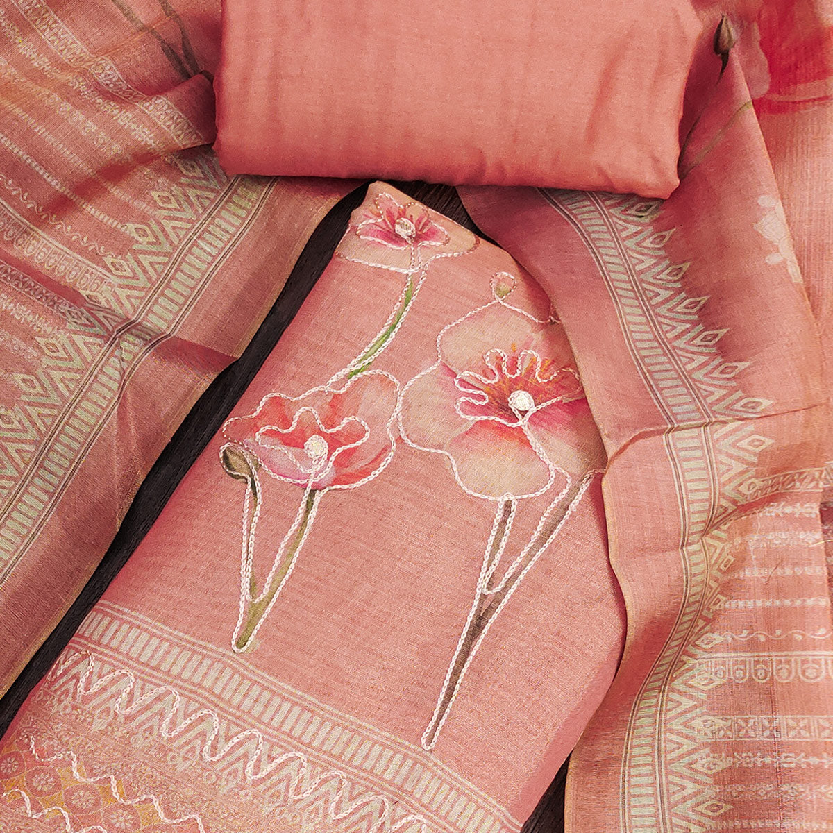 Peach Cotton Silk Dress Material Enhanced With Blooming Floral Digital Prints & Elegant Embroidery
