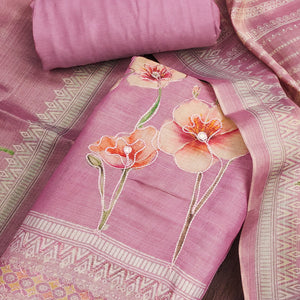 Pink Cotton Silk Dress Material Enhanced With Blooming Floral Digital Prints & Elegant Embroidery