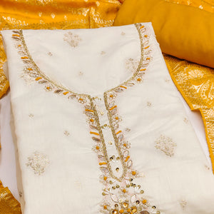 Off White & Mustard Beads Work Cotton Silk Dress Material in Weaving Style