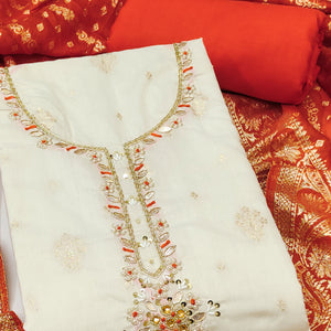 Off White & Orange Beads Work Cotton Silk Dress Material in Weaving Style