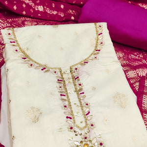 Off White & Pink Beads Work Cotton Silk Dress Material in Weaving Style