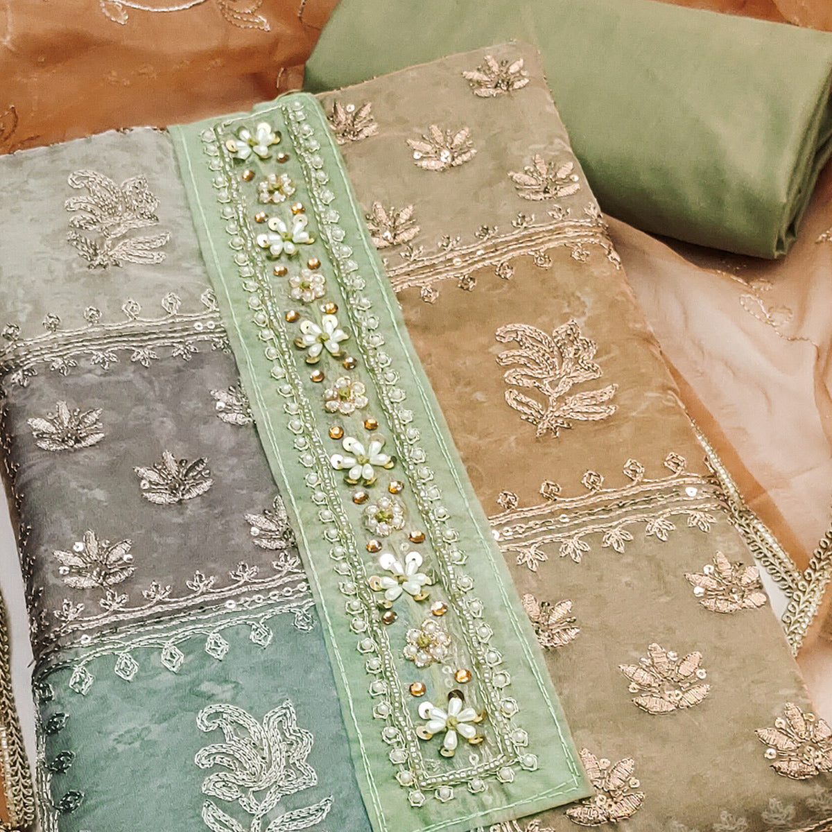 Green Organza Dress Material With Floral Sequins Embroidery & Delicate Moti Handwork