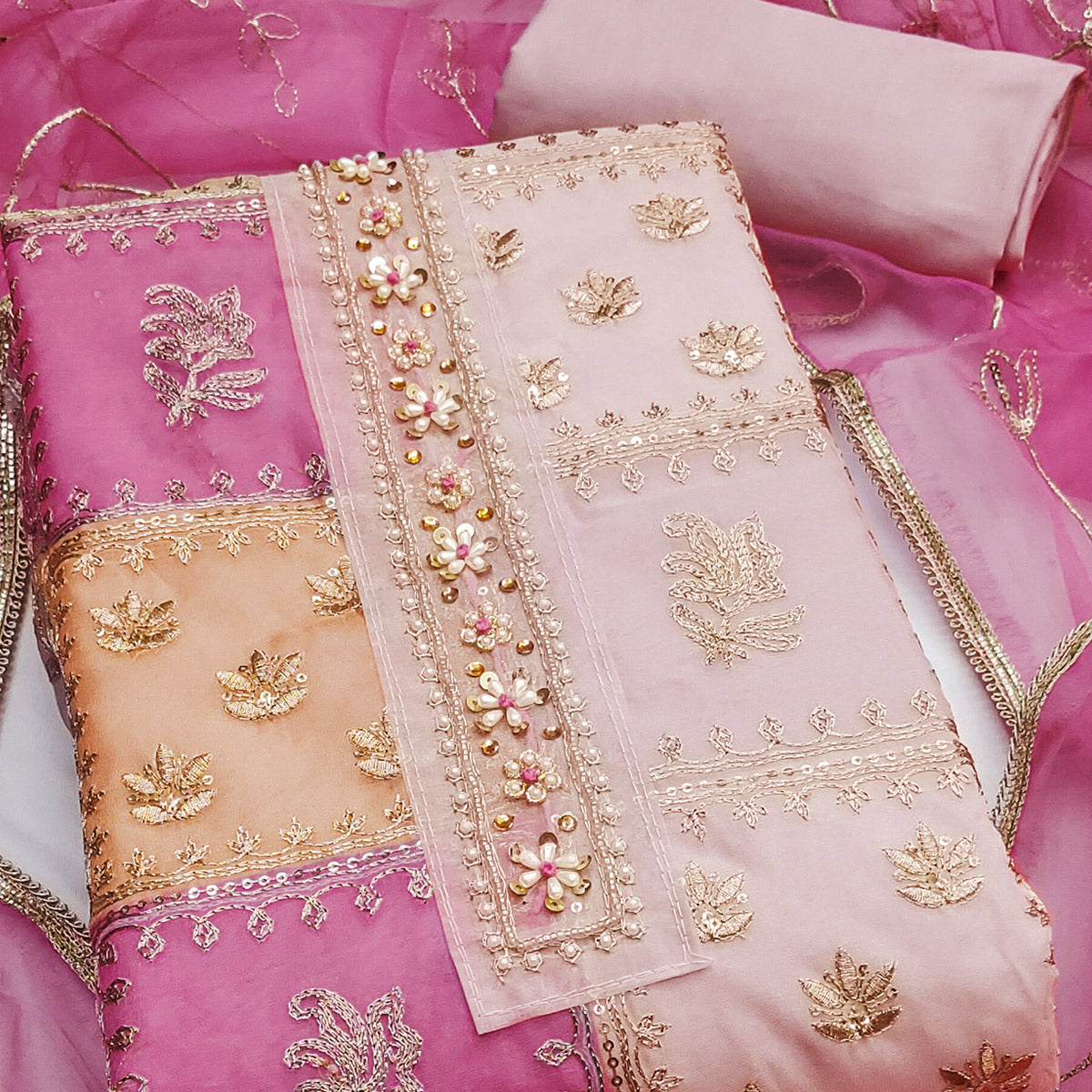 Pink Organza Dress Material With Floral Sequins Embroidery & Delicate Moti Handwork