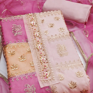 Pink Organza Dress Material With Floral Sequins Embroidery & Delicate Moti Handwork