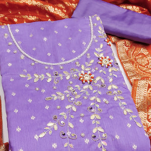 Lavender Unstitched Cotton Silk Dress Fabric with Gota Patti Embroidery and Woven Finish