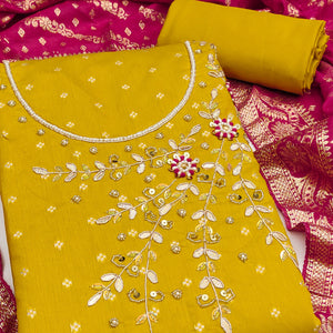 Mustard Unstitched Cotton Silk Dress Fabric with Gota Patti Embroidery and Woven Finish
