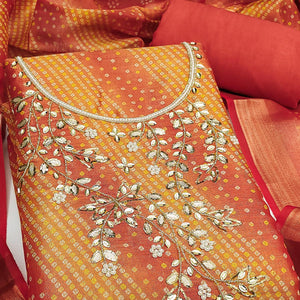Bandhani Printed Orange Cotton Silk Dress Material with Hand Embellishment