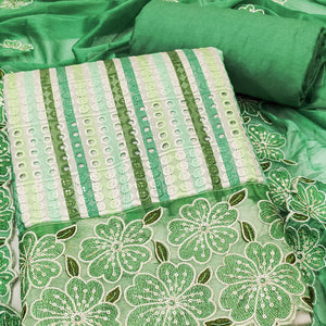 Soft and Comfortable Green Pure Cambric Cotton Dress Fabric with Fine Floral Embroidery