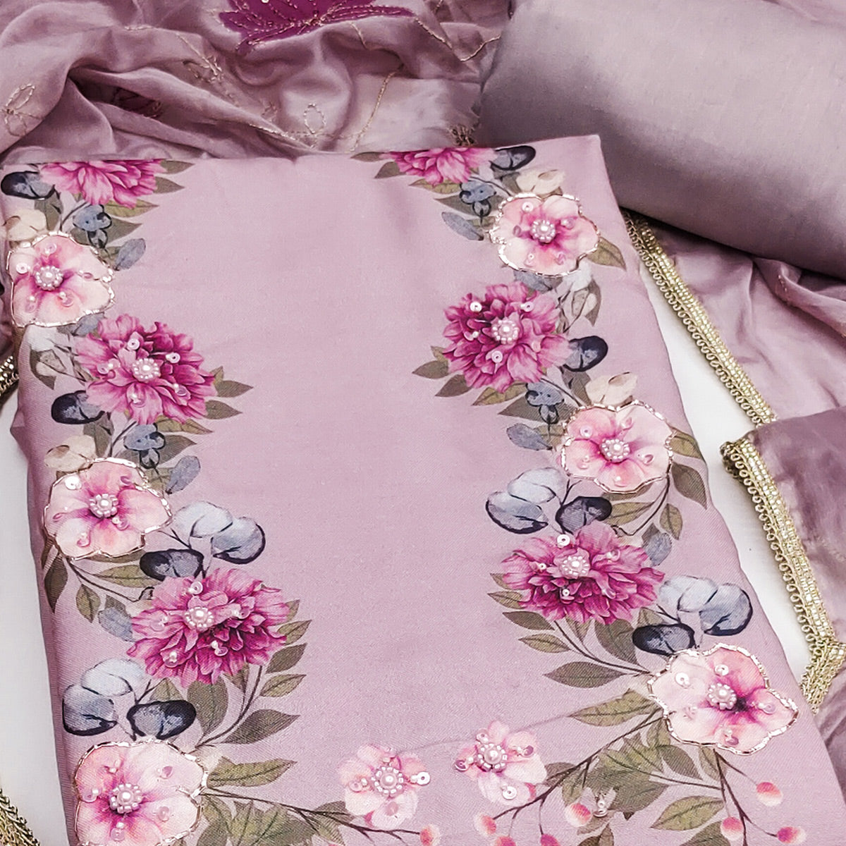 Dusty Mauve Rayon Fabric with Floral Print Dress Material