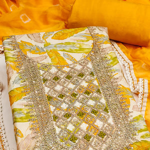 Off White & Yellow Floral Printed Pure Cotton Unstitched Dress Material