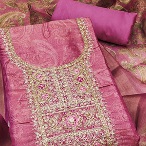 Festive Pink Printed Shimmer Cotton Silk Unstitched Dress Material with Decorative Thread Work