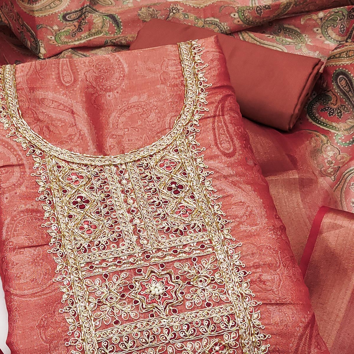 Festive Rust Printed Shimmer Cotton Silk Unstitched Dress Material with Decorative Thread Work