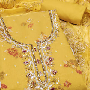 Mustard Unstitched Dress Material in Shimmer Cotton Silk with Delicate Thread Work Embroidery