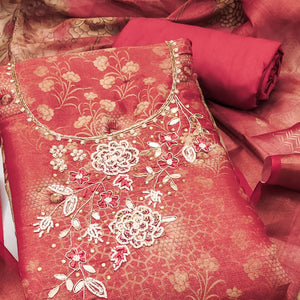 Gajri Pink Shimmer Cotton Silk Suit Fabric with Printed Motifs and Thread Embroidery