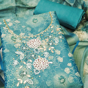 Rama Green Shimmer Cotton Silk Suit Fabric with Printed Motifs and Thread Embroidery