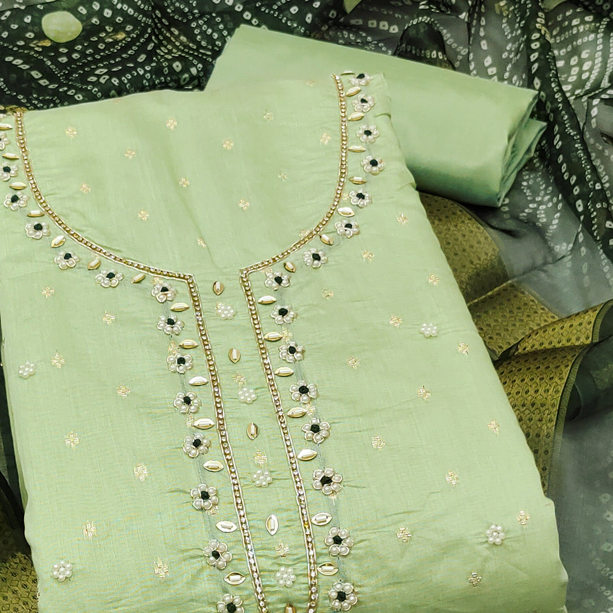 Green Woven Banarasi Cotton Silk Dress Material with Artistic Bead Work and Classic Texture