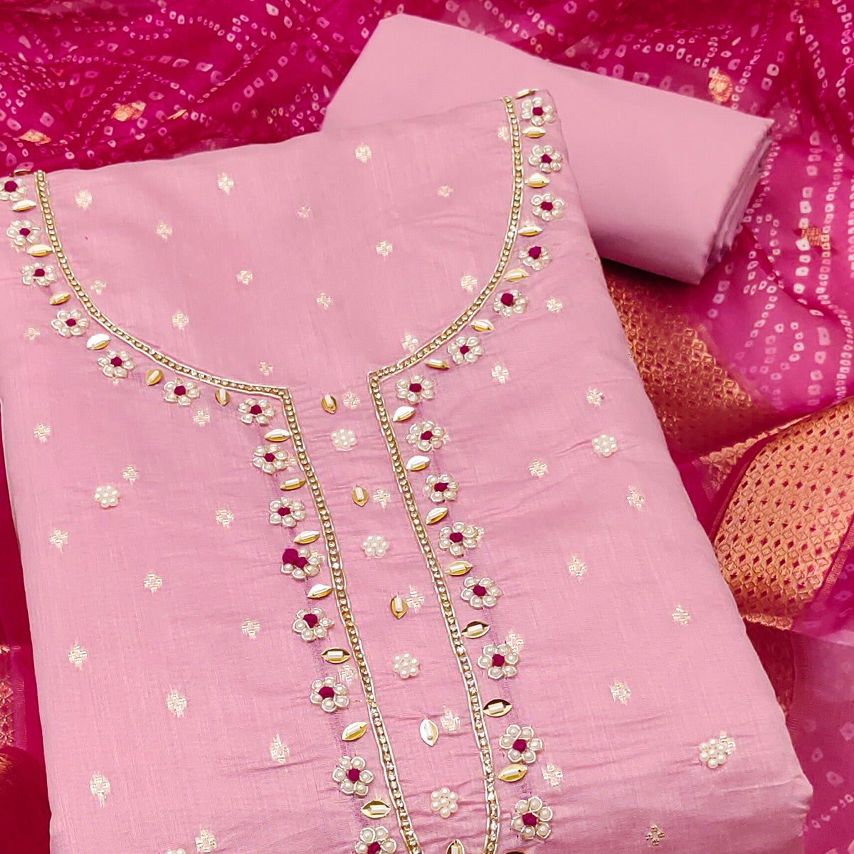 Pink Woven Banarasi Cotton Silk Dress Material with Artistic Bead Work and Classic Texture