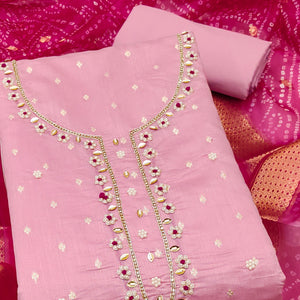 Pink Woven Banarasi Cotton Silk Dress Material with Artistic Bead Work and Classic Texture