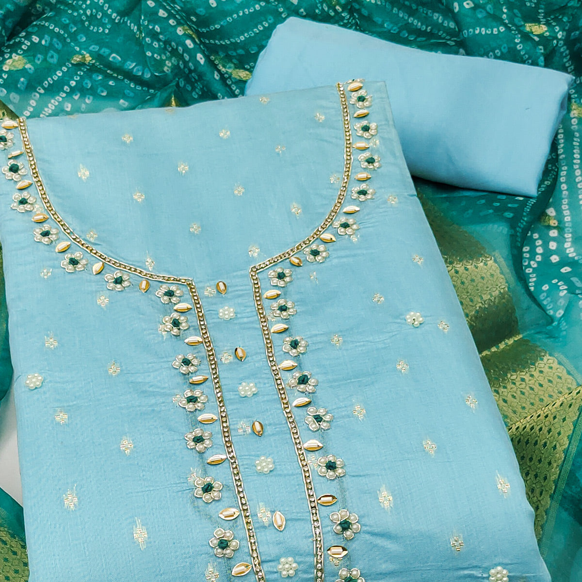 Sky Blue Woven Banarasi Cotton Silk Dress Material with Artistic Bead Work and Classic Texture